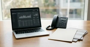 Laptop beside a legal document and telephone on an Australian consumer-information desk