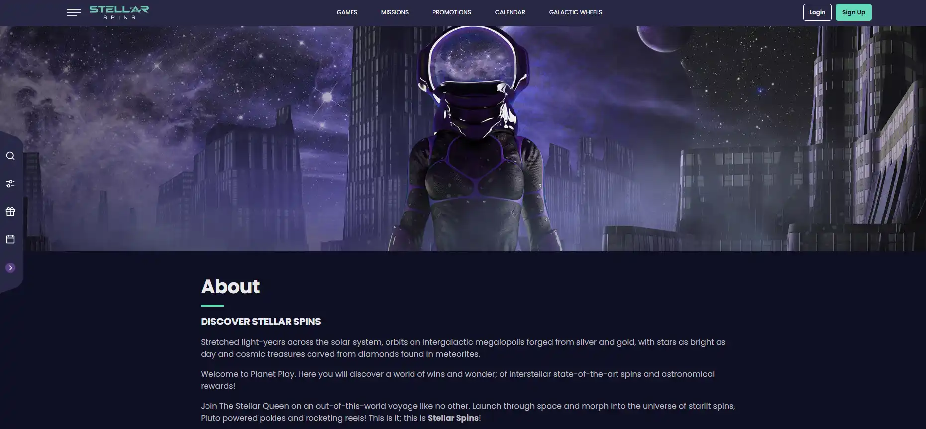 Stellar Spins About page showing its space-themed site interface in a desktop browser view