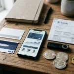 Bank card, voucher, smartphone, bank transfer document and cryptocurrency wallet arranged on a desk