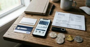 Bank card, voucher, smartphone, bank transfer document and cryptocurrency wallet arranged on a desk