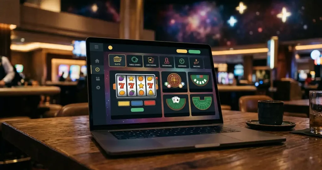 Abstract casino lobby with slot reels and live table silhouettes on a laptop screen