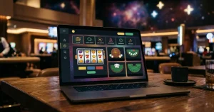 Abstract casino lobby with slot reels and live table silhouettes on a laptop screen