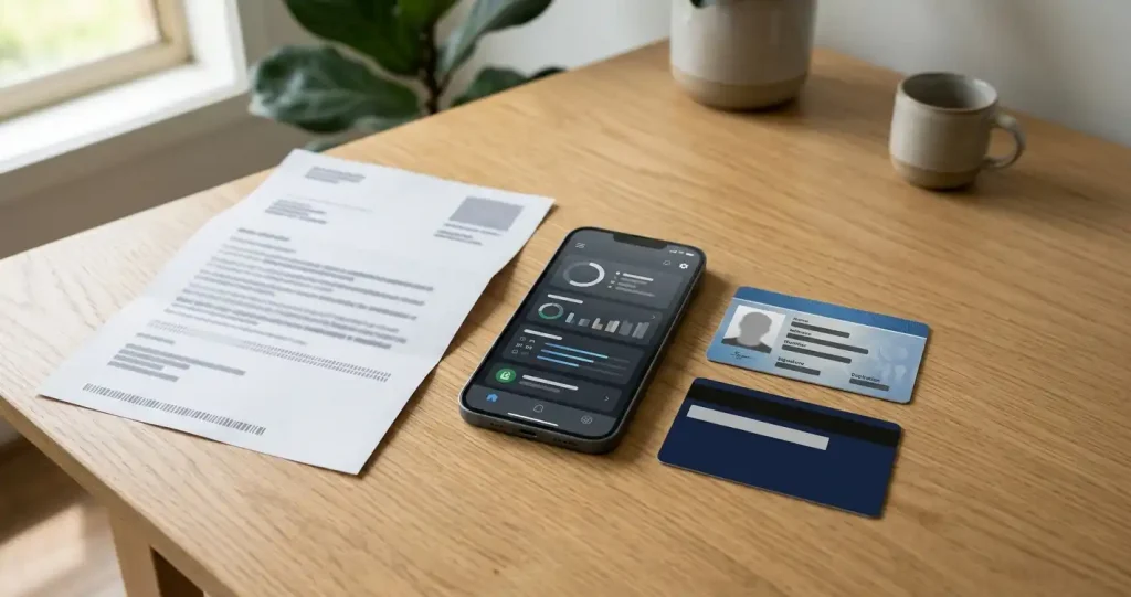 Smartphone, identification card and proof-of-address document arranged on a verification desk
