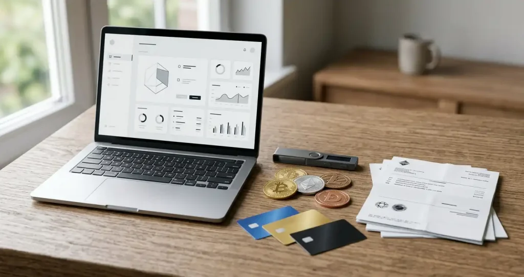 Bank cards, transfer document, digital wallet and cryptocurrency symbols arranged beside a laptop