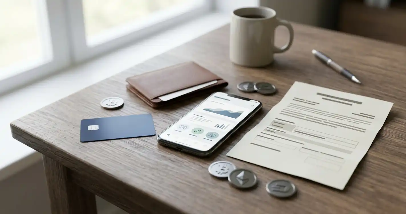 Payment and identity-check desk with bank card, smartphone, wallet and cryptocurrency symbols