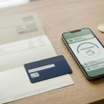 Bank account document, payment card, smartphone and cryptocurrency wallet arranged for a cashout workflow
