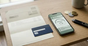 Bank account document, payment card, smartphone and cryptocurrency wallet arranged for a cashout workflow